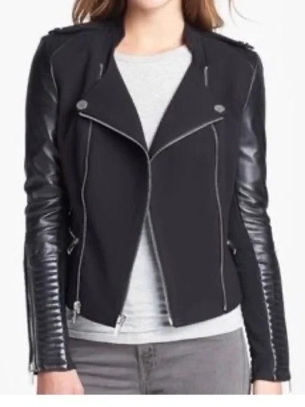 Black Moto Jacket with Quilted Leather Sleeves - Women